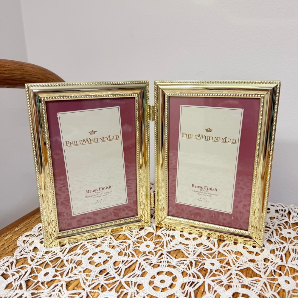 Philip Whitney Ltd Brass Finish Double Hinged 4x6 Picture Frame Beaded Gold Tone